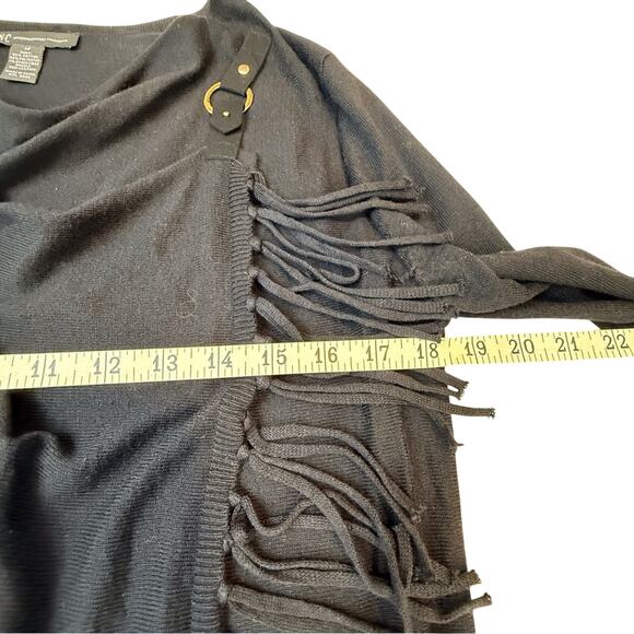 NWT INC Black Fringe Shawl Drape Front Top Long Sleeve Shoulder Buckle - Picture 13 of 16